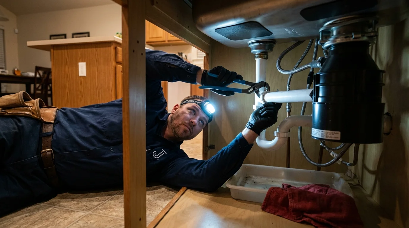 P-trap and supply line connections under a kitchen sink showing a common leak point in West Plains, MO